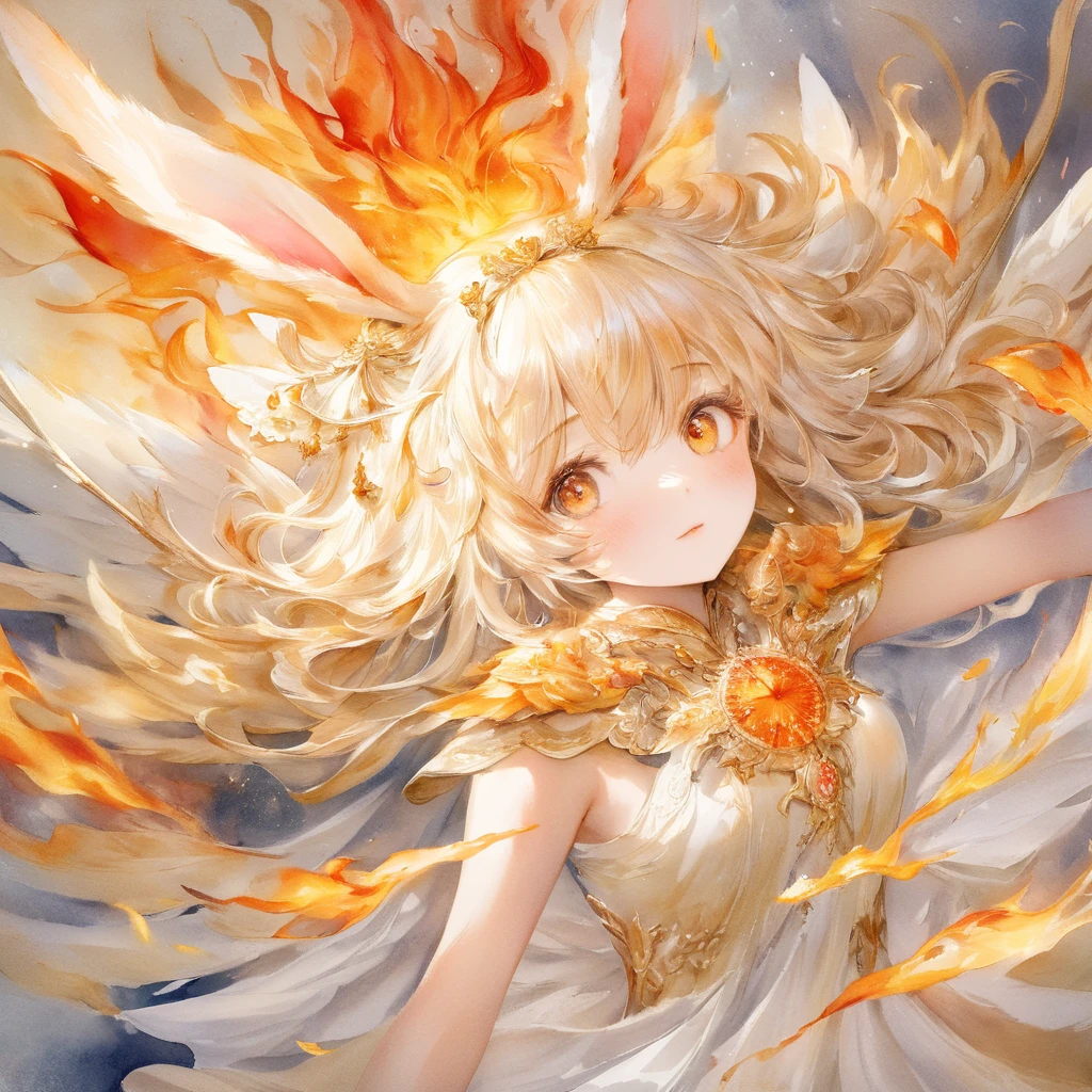 close up face, dynamic angle, ultra intricate, ultra detailed, watercolor painting {The fluffy fairy bunny clad in flames appears as if she has flown out of a fantasy world. Her is covered in soft feathers, from which flames gracefully rise. Her long rabbit ears are also enveloped in flames, swaying and emitting a dazzling light. Her eyes are a shining gold, giving hope and courage to those who see her. Her movements are light and airy, as she floats through the air.} . vibrant, beautiful, painterly, detailed, textural, artistic, visible paper texture, colorwash, watercolor