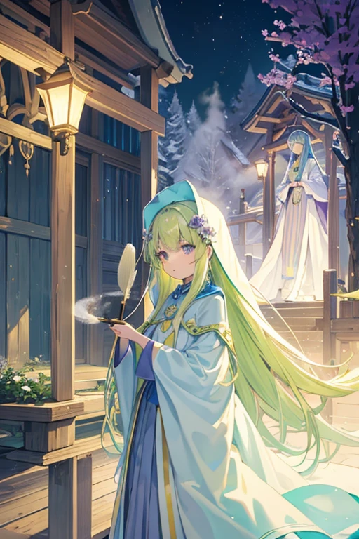 Light yellow-green long straight hair、Expressionless、Purple clothes、Light blue cloak、woman、、Have a deck brush、Fairy、、hot spring、In the smoke