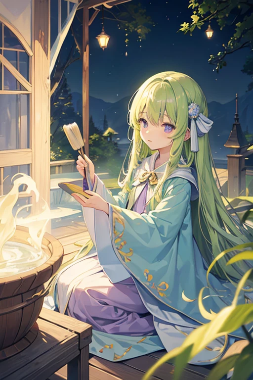 Light yellow-green long straight hair、Expressionless、Purple clothes、Light blue cloak、woman、、Have a deck brush、Fairy、child、hot spring、In the smoke