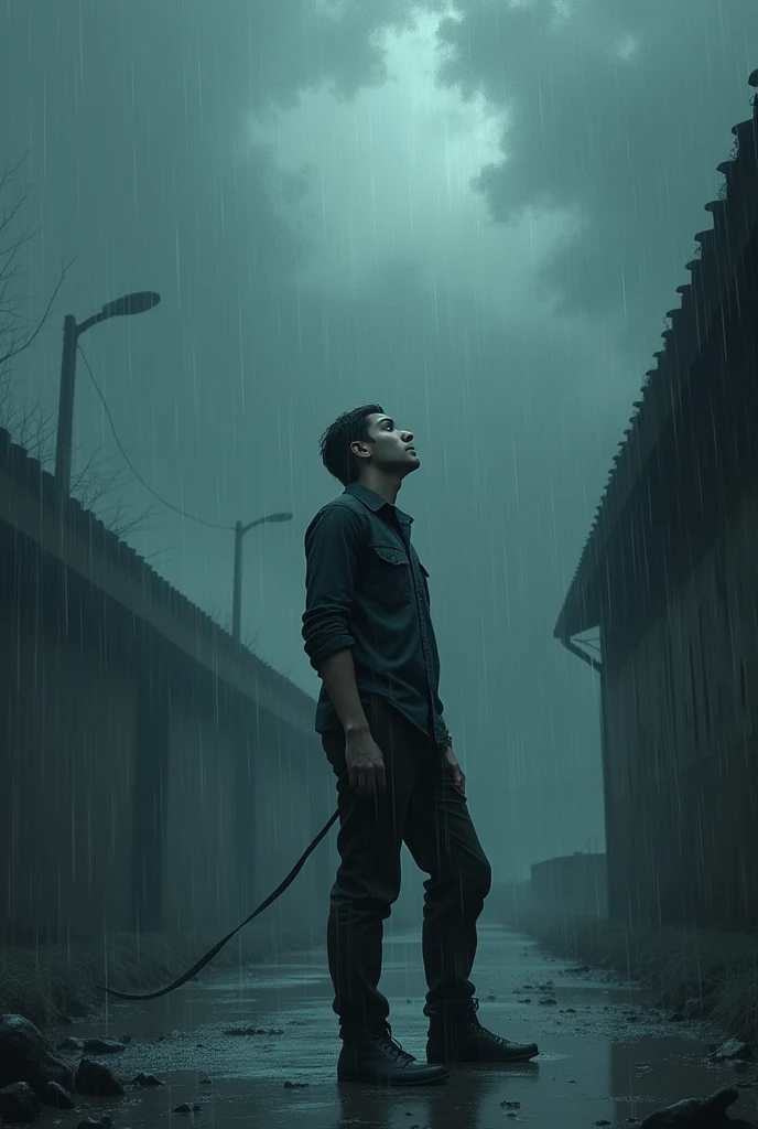 A men looking up the sky while too heavy raining in graphics