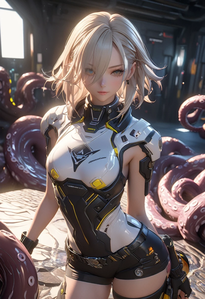 ((Highest quality)), ((masterpiece)), (detailed:1.4), .3d, Images of beautiful cyberpunk women,Ray Tracing,NVIDIA,Super Resolution,Unreal 5,Scattered beneath the surface,PBR Texturing,Post-processing,Anisotropic Filtering,Depth of written boundary,Maximum clarity and sharpness,Multilayer Texture,Albedo and Specular Maps,Surface Shading,Accurate simulation of light-matter interactions,Perfect Proportions,Octane Rendering,Two-tone lighting,wide aperture,Low ISO、White balance、8K RAW.(((Tentacles wrap around his body)))(((short hair)))(((Integration of clothing and tentacles)))