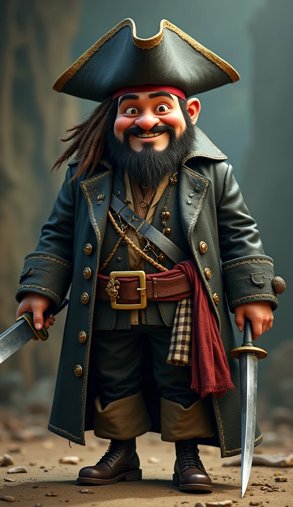 Imagine Gru dressed as Jack Sparrow: his tall, lanky frame swathed in a tattered pirate coat, the hat perched askew on his bald head. His normally stern face is adorned with a scruffy beard and wild, expressive eyes. He strikes a dramatic pose with a swaggering stance, clutching a faux cutlass, the essence of piratical bravado juxtaposed with his usual earnestness. Despite the playful guise, there's a glimmer of genuine adventure and mischief in his eyes, reflecting a rare moment of freedom and excitement.