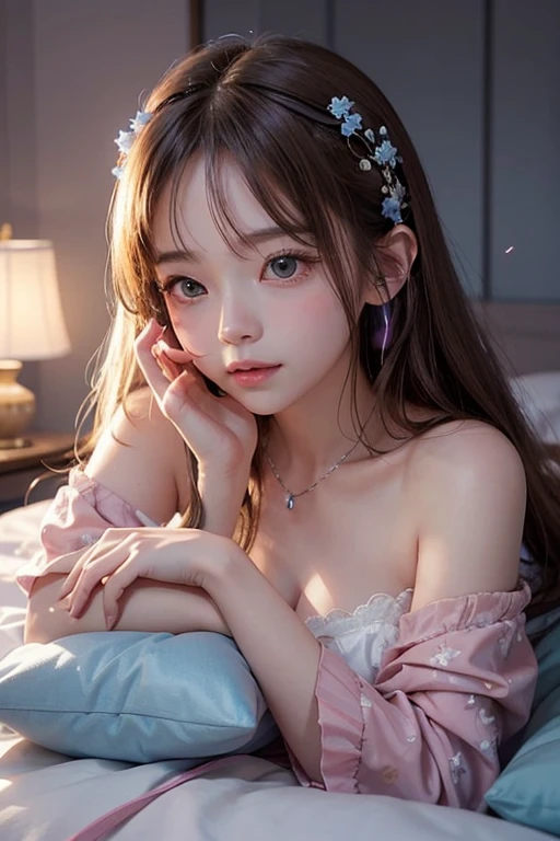 Looks sleepy。Dimly lit room。目を閉じてrelaxして眠っている。Beautiful young woman listening to music through headphones while lying down、Moonlight。Little Anime。Pink and light blue flowers are scattered throughout。Enchanting rooms。relax。Beautiful room。Woman with fair skin。
