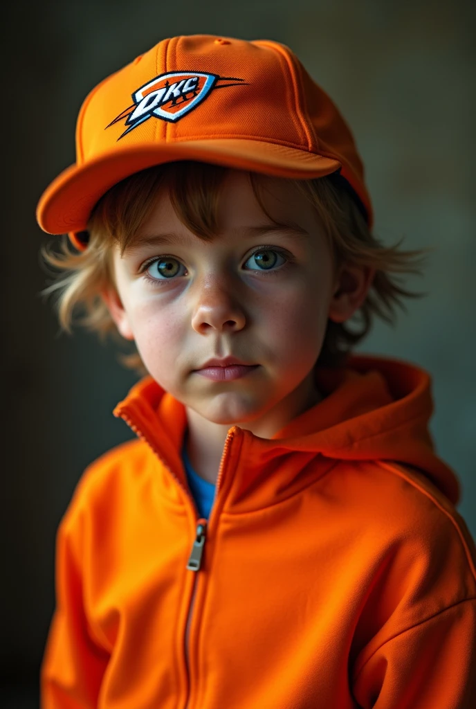 a young boy wearing an orange zip-up shirt, orange cap with small thunder logo, detailed face, cinematic lighting, dramatic atmosphere, vibrant colors, 8k, high quality, photorealistic