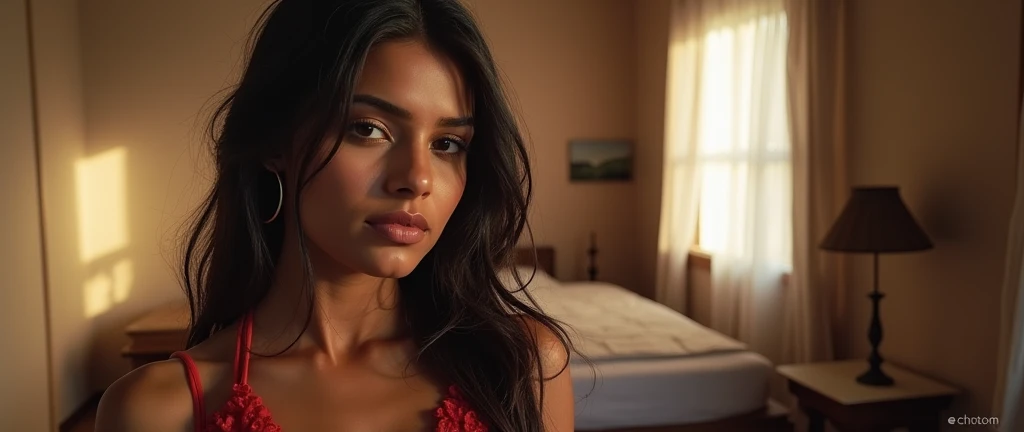 photorealistic, best quality, hyper detailed, beautiful russia-india mix race woman, selfie photo, c cup, upper body, solo, fully naked in Mumbai, in bedroom (night), real life nature, (cheerful, happy), analog style, looking at viewer, skin texture, film grain, close up, ultra high res, best shadow, RAW, instagram LUT