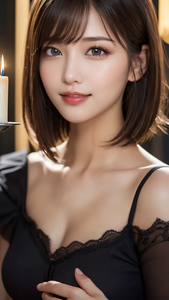 (photorealistic, 32k, RAW photo, best quality: 1.4), (masterpiece:1.3), (absurdres, attractive, ultra high resolution, ultra realistic, highly detailed, golden ratio, ultra detailed, super fucking beautiful detailed face), natural makeup, detailed cloth texture, detailed hair texture, beautiful detailed fullbody, Perfect female body, accurate, Anatomically correct, Highly detailed face and skin texture, (beautiful hands), (realistic skin), (beautiful pale skin:1.1), (large breasts), (thighs), (cowboy shot:1.3), (Perfect dynamic composition, looking at viewer), 
BREAK, 
realistic eyes, beautiful detailed eyes, symmetric eyes, Light Brown eyes, Double eyelids, Thin eyebrows, (Glossy lips:1.4), ((A face with waiting for a kiss, Seductive smile:1.2)), (weat skin, blush:1.1), 
BREAK, 
((short hair, bob, Dark blonde hair, bangs:1.2)), (night, Candlelit church:1.3), (Priest attire, cross:1.3)