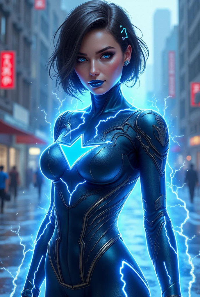 Full body image of a (((supervillain lady))) with electrifying powers and a costume inspired by lightning, featuring brunette cropped hair and a smirk with striking blue glossy lips, piercing blue eyes, exuding an air of feminine menace and playful malice, (((destructively dominating a city))), with defeated heroes scattered about.