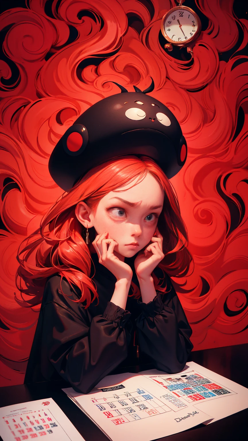 a girl checking a calendar as she is waiting for a payment, daily deviation on deviantart, Exasperation, Raised eyebrows, an exaggerated sigh, and a look of disbelief or annoyance, !!!! very coherent!!!!, jim woodring, by Denis Eden, background in red theme