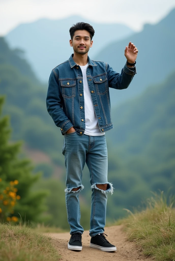 An image of a 28-year-old Asian man standing on the ground outdoors, against a green mountain background, dressed in a contemporary style wearing a denim jacket, blue ripped jeans, and black Vans sneakers, wearing an iPhone smartwatch in his left hand. Facing the viewer, the atmosphere feels relaxed and illuminated by natural light, depicting everyday life."


