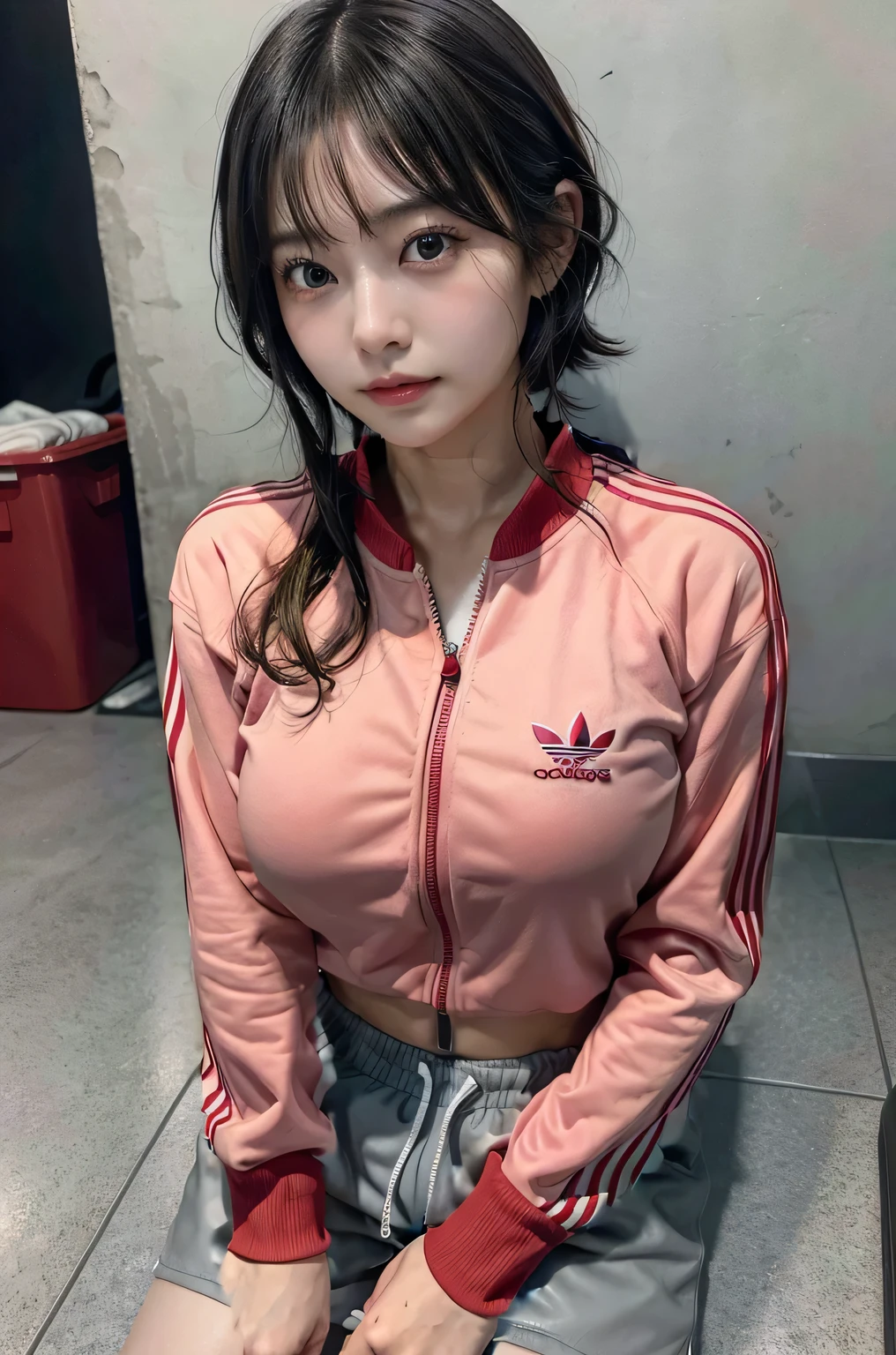 Big Breasts、He is wearing a long-sleeved red Adidas tracksuit with a zipper at the front.