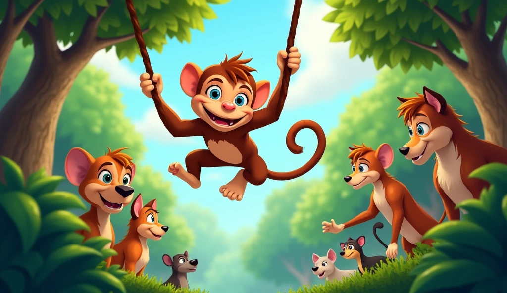 A playful monkey named Cheeky swinging energetically between trees, doing flips and twists in the air. The other animals are watching in awe, some with their mouths open in amazement.