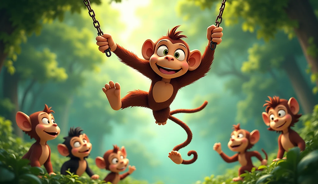 A playful monkey named Cheeky swinging energetically between trees, doing flips and twists in the air. The other animals are watching in awe, some with their mouths open in amazement.