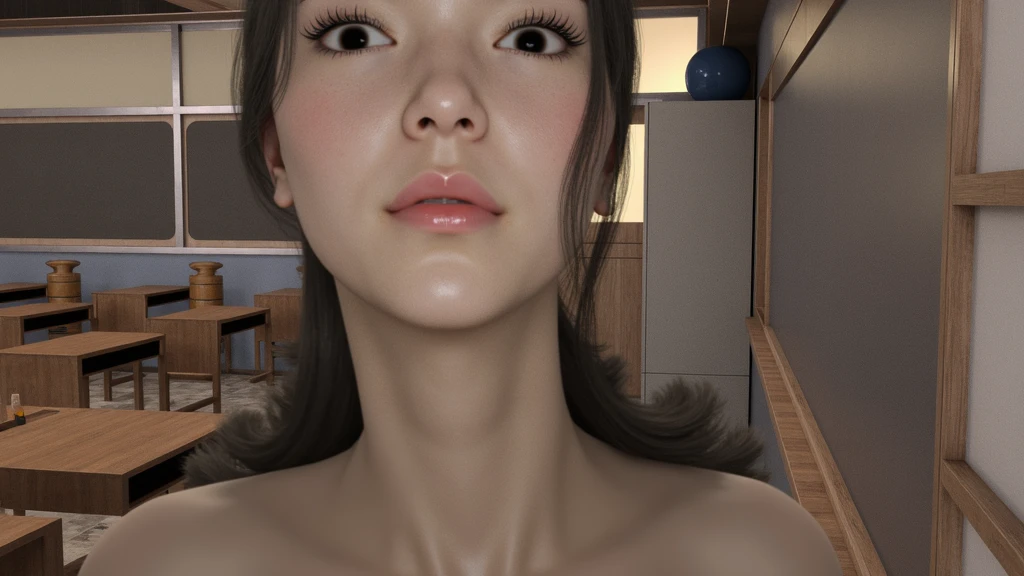 Beautiful Japanese face woman, image from the neck up, woman with a long neck front face adult woman photorealistic