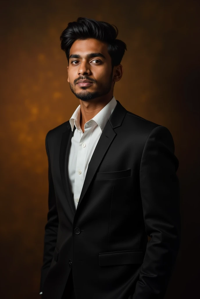 18 year old Indian boy wearing formals posing for Nadeem dark brown light in background