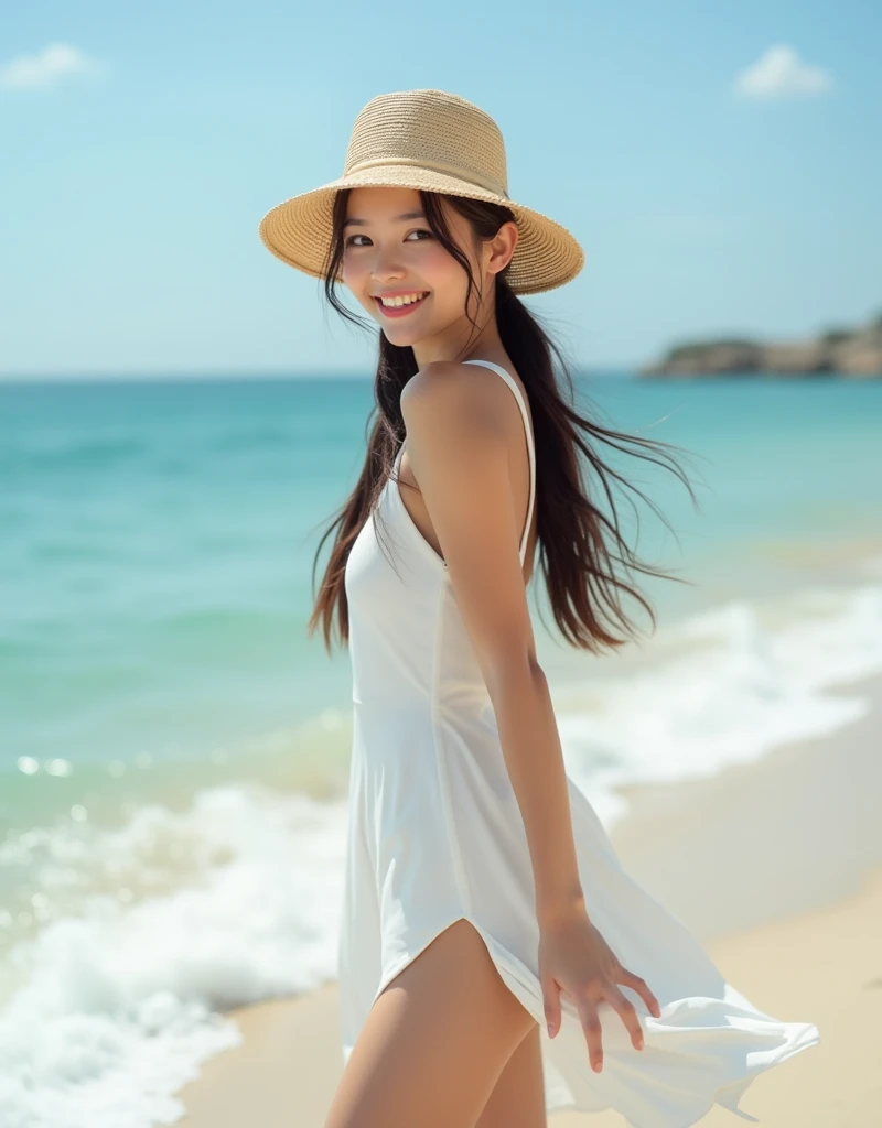 Korean beauty actress similar, raw photo, 8k, beach, smile, clear eyes, white --auto