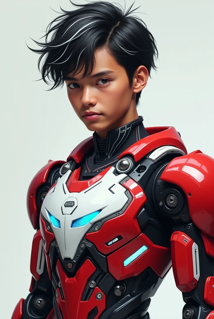 detailed portrait of a young malay indonesian boy, 19 years old. Have body portrait, with wavy black hair and some white highlights, tan skin, wearing a red and white exoskeleton robot suit with a robot face on the body, blue LED lights on the nipple area. Hulkbuster face on body. Talking robot.