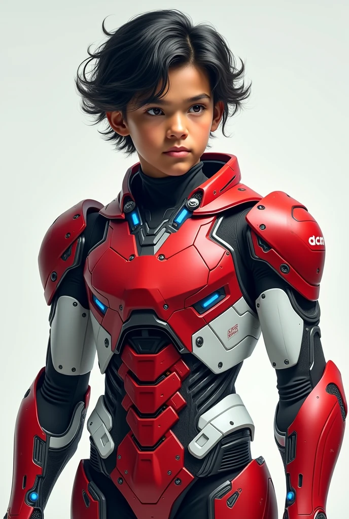 Boy malay Indonesia wear red white exoskeleton. Robot face on body. Led nipple blue. Black hair little white hair detail. . 19 year old boy. Wavy hair. Tan skin. High tech suit. Mirage armor . Taking anger robot face red. Emoji robot. Punisher. Mechanize robot face at chest.