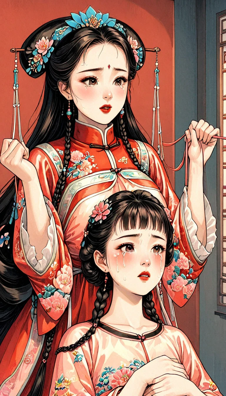 ８k Description of an ancient Chinese princess giving birth　　Beautiful  Chinese maternity princess with long black braids　Gorgeous embroidery, Ultra glossy, She is wearing shiny red long sleeve floral pajamas....　She spreads her legs to give birth and cries in pain while an IV is pumped into her hairy pussy.　She is giving birth on a red futon　She raised both hands up, grabbed a thick string hanging from the ceiling and pulled it straight down with all her might.