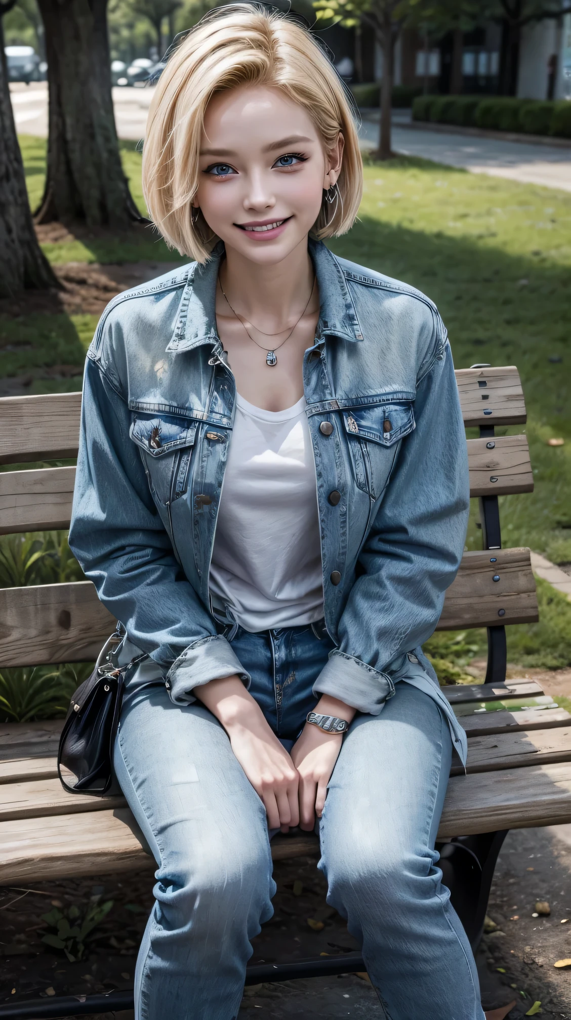 Android 18, Full body photo、 Sitting on a park bench、blue eyes, short hair, jewelry, Earrings, smile, Jacket、Skinny jeans、デニム Jacket, shirt、boots、smile、Beautiful teeth alignment、,