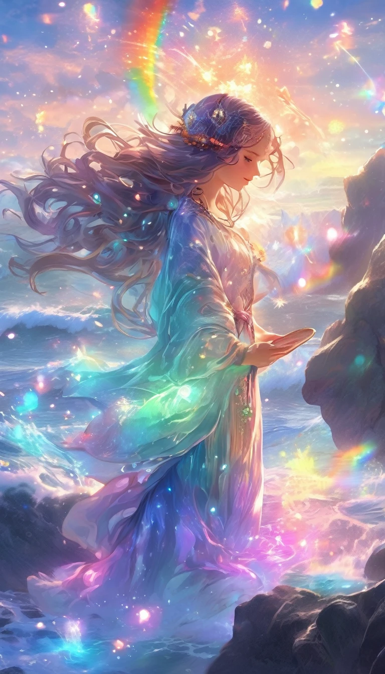 High resolution Mysterious glowing spell casting girl, ((Fantasy Rainbow Ocean)), Vibrant colors, Great light, Detailed speech bubbles, Magical atmosphere, Nice views, Dreamy atmosphere, Sparkling, Loose-fitting , The magic touch, Mysterious Creatures, ((Sparkling waves)), Mystical symbols, Surreal beauty, haze, There'Magic in the air, Magical moments,Mysterious atmosphere, Whimsical Creatures, Full of charm, Fairy, Superpower, Fantasy World