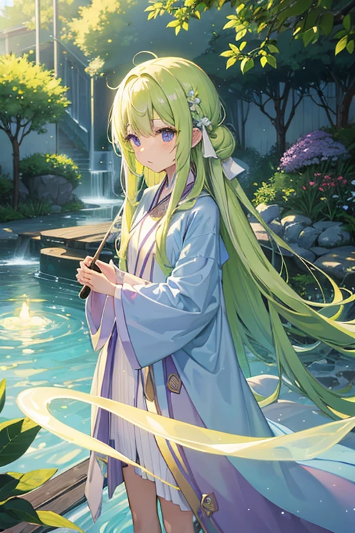 Light yellow-green long straight hair、Expressionless、Purple clothes、Light blue raincoat、woman、、Have a deck brush、Fairy、、hot spring、In the smoke