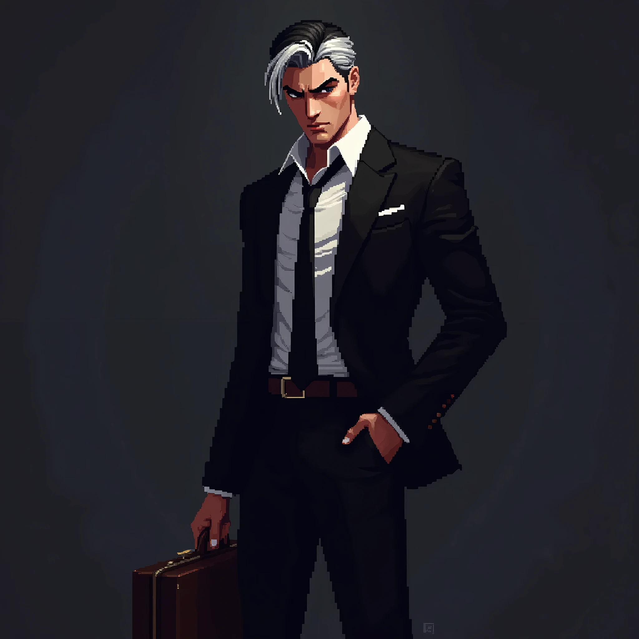 (masterpiece, top quality, best quality), pixel,(pixel art:1.2),1man in a black straight suit, hair covering eyes, grinning, handsome,white and black hair,black boots, wearing a neck tie, holding a briefcase,side view,close up