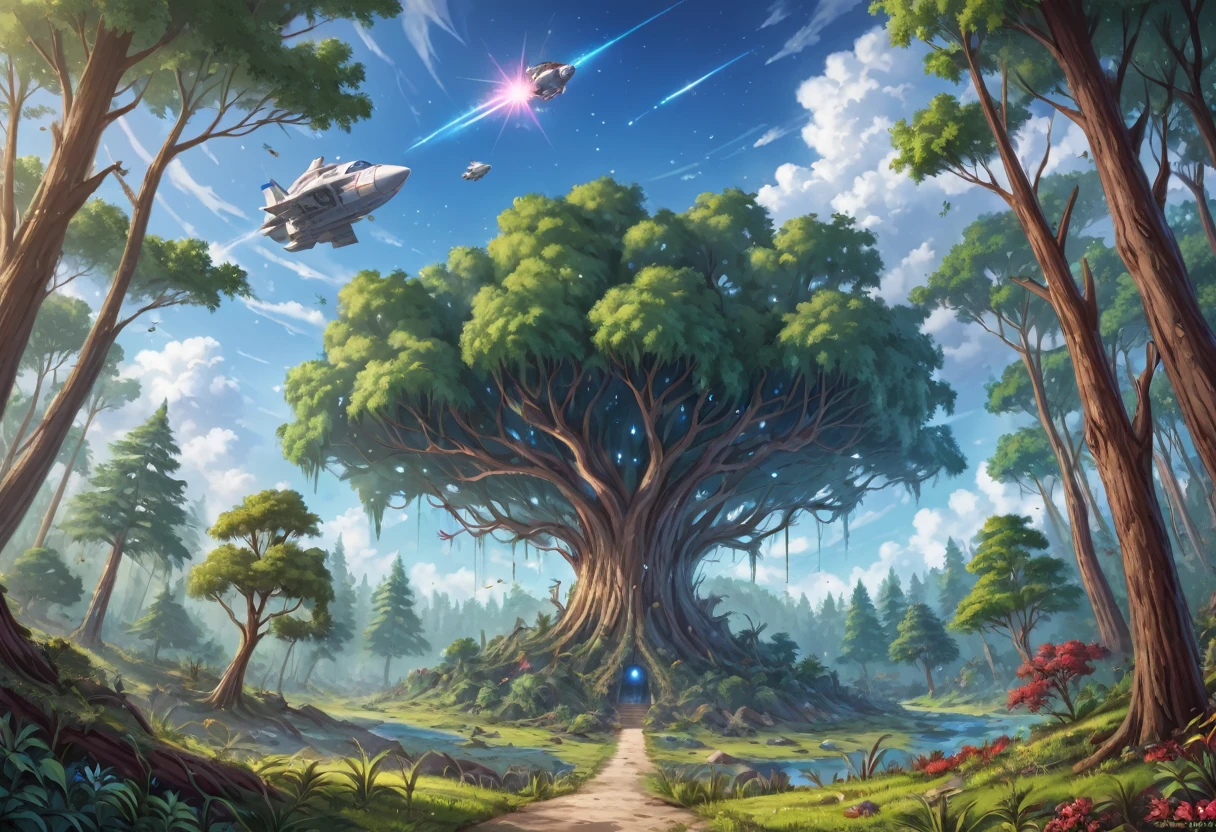 a lush forest of tall trees, an Ewok village nestled among the branches, a twilight sky with the Death Star exploding in the distance, a fleet of spaceships engaged in a fierce battle, Ewoks looking up to the sky and cheering, a serene and joyful scene
