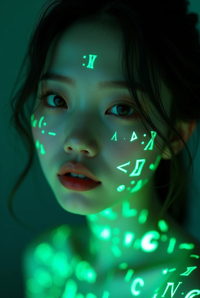 Chinese woman face close-up,About 28 years old, Glowing green holographic equation projected onto skin. Strong gaze, Realistic features. Dark background, Cyberpunk aesthetics. Glowing math formulas, Handwriting style. Futuristic, High-tech atmosphere. Photorealistic rendering, Dramatic Lighting, In sharp contrast,Young and energetic, Charming model, (Exquisite eyes, Delicate lips), Show a bright smile, Create stunning girl images, Color Saturation Extreme Art, Extremely detailed CG, Unity 8K wallpaper, (High Dynamic Range :1.4), (Movie atmosphere),(Soft colors), (Natural skin texture, ultra-practical, Soft Light, sharp),(Very detailed),