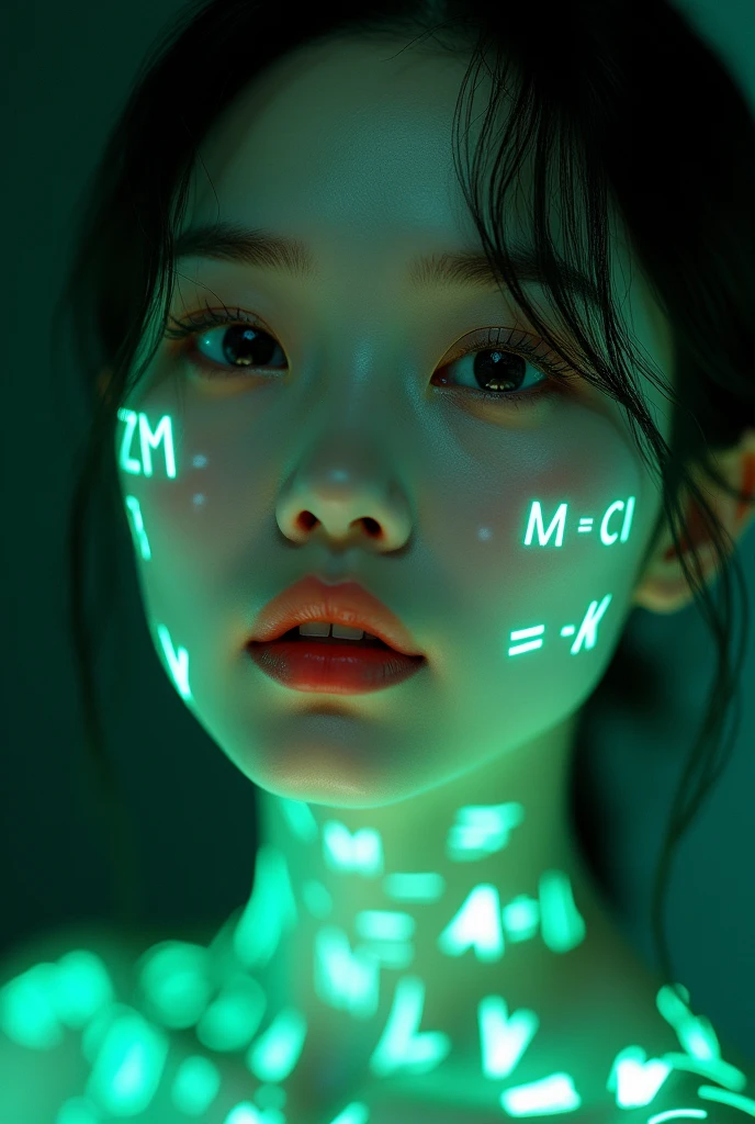 Chinese woman face close-up,About 28 years old, Glowing green holographic equation projected onto skin. Strong gaze, Realistic features. Dark background, Cyberpunk aesthetics. Glowing math formulas, Handwriting style. Futuristic, High-tech atmosphere. Photorealistic rendering, Dramatic Lighting, In sharp contrast,Young and energetic, Charming model, (Exquisite eyes, Delicate lips), Show a bright smile, Create stunning girl images, Color Saturation Extreme Art, Extremely detailed CG, Unity 8K wallpaper, (High Dynamic Range :1.4), (Movie atmosphere),(Soft colors), (Natural skin texture, ultra-practical, Soft Light, sharp),(Very detailed),