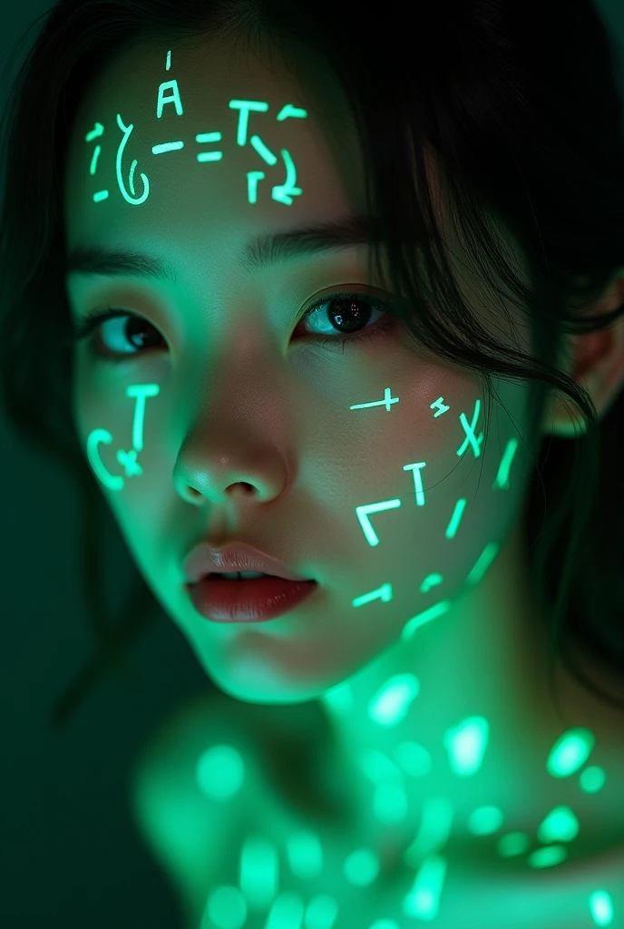 Chinese woman face close-up，About 28 years old, Glowing green holographic equation projected onto skin. Strong gaze, Realistic features. Dark background, Cyberpunk aesthetics. Glowing math formulas, Handwriting style. Futuristic, High-tech atmosphere. Photorealistic rendering, Dramatic Lighting, In sharp contrast，Young and energetic, Charming model, (Exquisite eyes, Delicate lips), Show a bright smile, Create stunning girl images, Color Saturation Extreme Art, Extremely detailed CG, Unity 8K wallpaper, (High Dynamic Range :1.4), (Movie atmosphere),(Soft colors), (Natural skin texture, ultra-practical, Soft Light, sharp),(Very detailed),