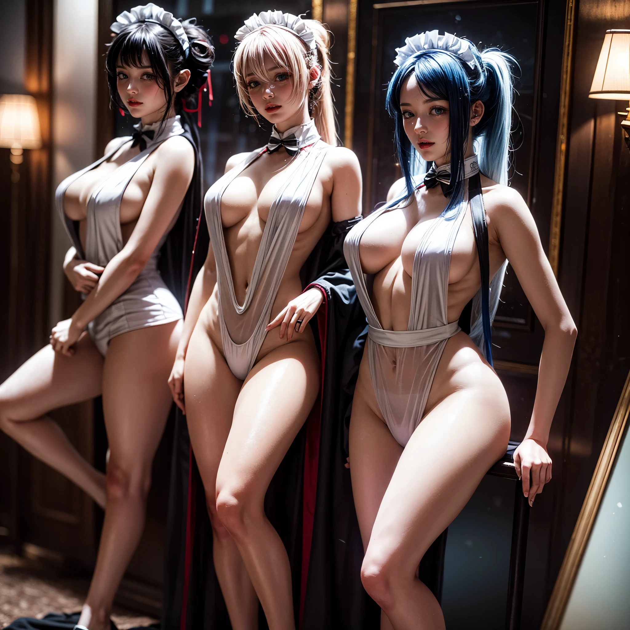 (Full Body of Extremely Detailed((Sexy Maid Group in a row:1.37))), KAWAII perfect face, Reflective Eyes, Detailed(Delicate Clothing textures), Correct Leg Line, Dynamic Joyful Expressions LifeLike Rendering, Specular Reflection, TopQuality 8K Ultra-detailed masterpiece (ProfessionalPhoto:1.37), (Acutance:0.8), (Luminism:1.28), (Renaissance art style), Colorful Light particles, ((Full body from side)), {Kissing|Thigh Gap|AssFocus|(NakedApron with Overflowing SideBoob)}, Radiant Fine Skin with Transparency, (Exposed:0.4), (Different types of Anime hair color){Pink Hair|Blue Hair|Platinum Blonde|Pure White Hair|Liquid Hair}, Perfect Lighting , (nipple:-1.28)