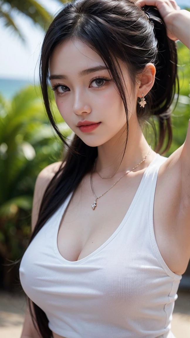 ((Nudist beach in Phuket)), (White sand beaches and tropical trees), (Walking along the sandy beach),(masterpiece:1.3), light makeup, red lips, beautiful hair, Black hair, (Short ponytail:1.3), elegant, soft lighting, Very fine details, masterworks, authentic texture, perfect work, (1 girl), (One Woman), 16k, high resolution, exquisite features, brown eyes, (Ultra-high resolution eye:1.1), Japanese idol, beautiful face, ((artists work)), (photorealism:1.2), (gentle smile like a goddess), attractive, well-shaped breasts, beautiful cleavage, shiny skin, smooth skin, BREAK, ((Naked with an oversized black tank top)), BREAK, earrings, necklace, BREAK, (upper body), Walking position,erotic pose, (Close up from the boobs:1.2), (lovely smile), shoot from below, (NSFW:1.2), grand level shot,(armpit:1.3)