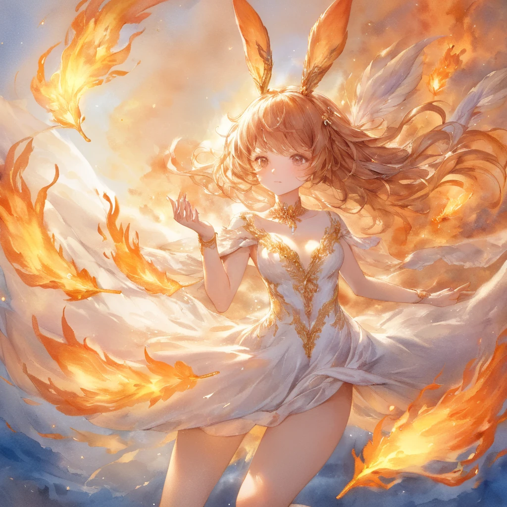 close up face, dynamic angle, ultra intricate, ultra detailed, watercolor painting {The fluffy fairy bunny clad in flames appears as if she has flown out of a fantasy world. Her  is covered in soft feathers, from which flames gracefully rise. Her long rabbit ears are also enveloped in flames, swaying and emitting a dazzling light. Her eyes are a shining gold, giving hope and courage to those who see her. Her movements are light and airy, as she floats through the air.} . vibrant, beautiful, painterly, detailed, textural, artistic, visible paper texture, colorwash, watercolor