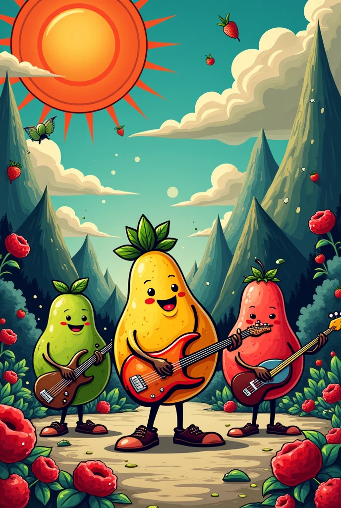 There are three short-legged fat cute fruit cartoon characters playing music, Abstract Art,music poster, 🪔 🎨;🌞🌄, Poster,rock 'n' roll, Cyberpunk
, Propaganda Art, Ink art brawlstars