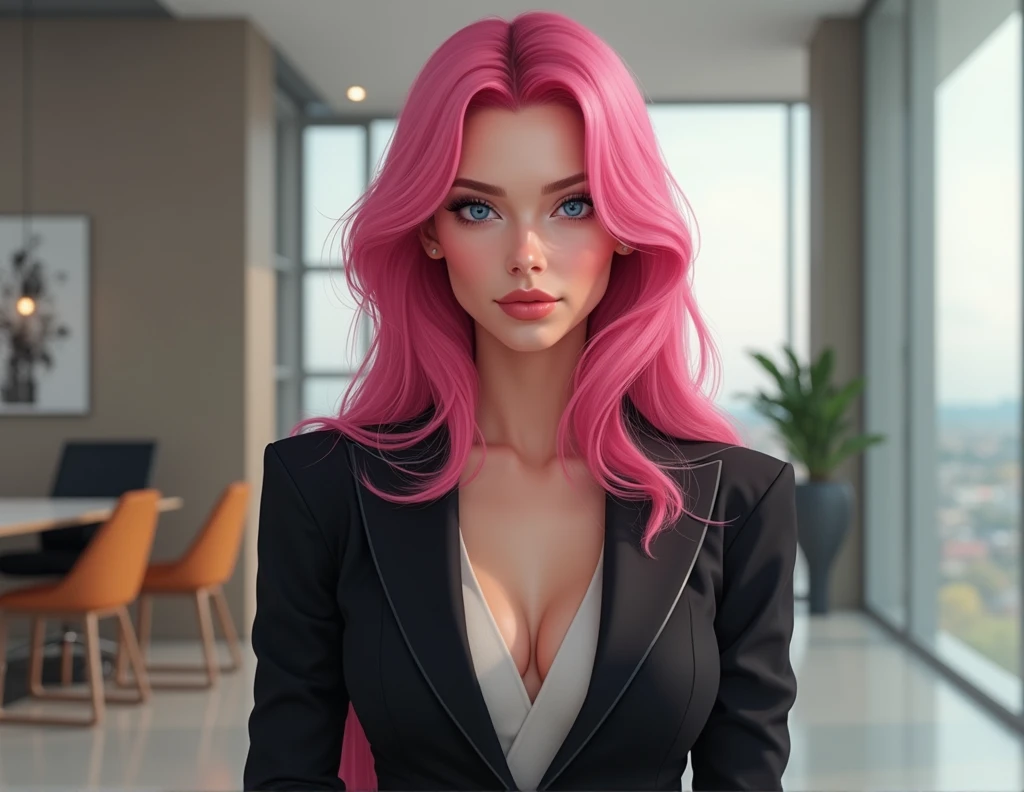 Girl with pink hair, black executive suit, looking forward, long hair, sweet look, blue eyes, pink eyeshadow, inside an office.