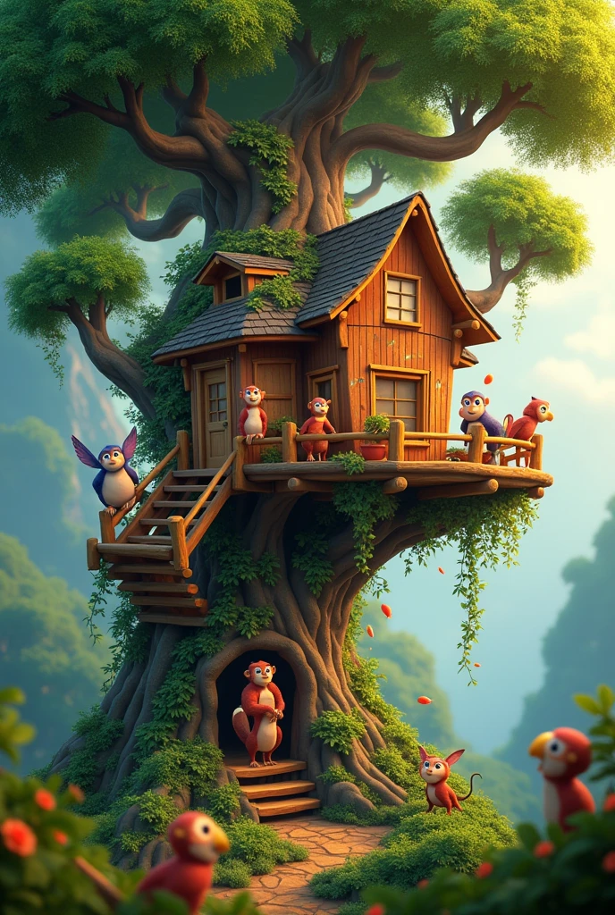 Prompts
Copy
Make a Disney Pixar-style poster, in 3D, a beautiful tree house in the jungle with beautiful animals near by