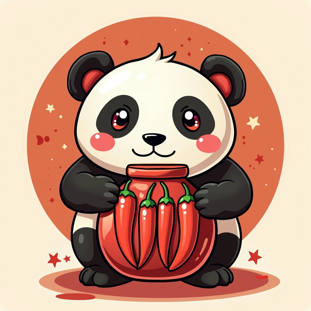 Design a logo，The main theme is a cute panda holding a large sauce jar filled with chili peppers.，Panda holds three bunches of peppers forming the word，The above uses the Sichuan-style &quot;Sichuan"