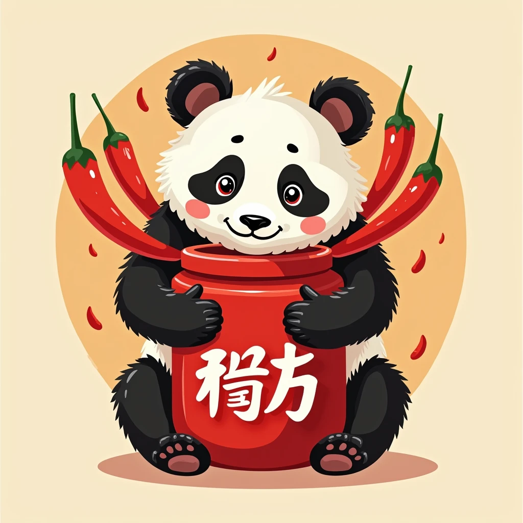 Design a logo，The main theme is a cute panda holding a large sauce jar filled with chili peppers.，Panda holds three bunches of peppers forming the word，The above uses the Sichuan-style &quot;Sichuan"