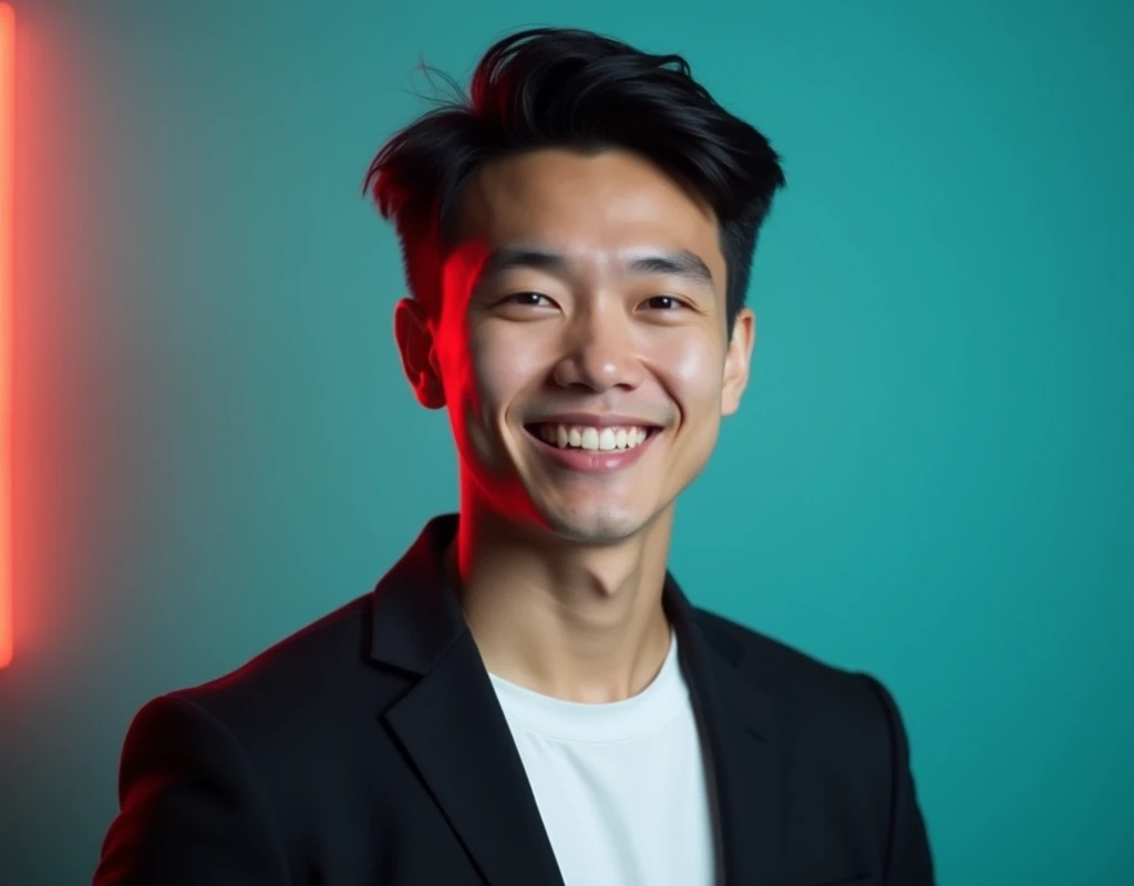A young man with dark hair and a confident smile. He is dressed in a black blazer over a white shirt. The man is positioned against aqua colour backdrop with a subtle red lighting on the left side. ৭,৮৯০ and he posing for LinkedIn profile