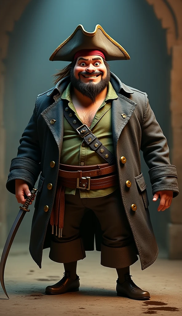 Imagine a fat, burly man ((Captain Blackbeard)) with a thick, scraggly black beard covering the lower part of his face, revealing a wide, smiling mouth and ((crooked teeth when he laughs)). His eyes, often shadowed by heavy eyebrows, retain a hint of cunning. He is draped in an iconic, ((bright red captain's coat)), left entirely ((Unbuttoned)), exposing his ((ample stomach)). Under the coat. With heavily tattooed arms and a menacing demeanor, emanating an aura of cruelty and ambition, cum dripping ((,bottomless))