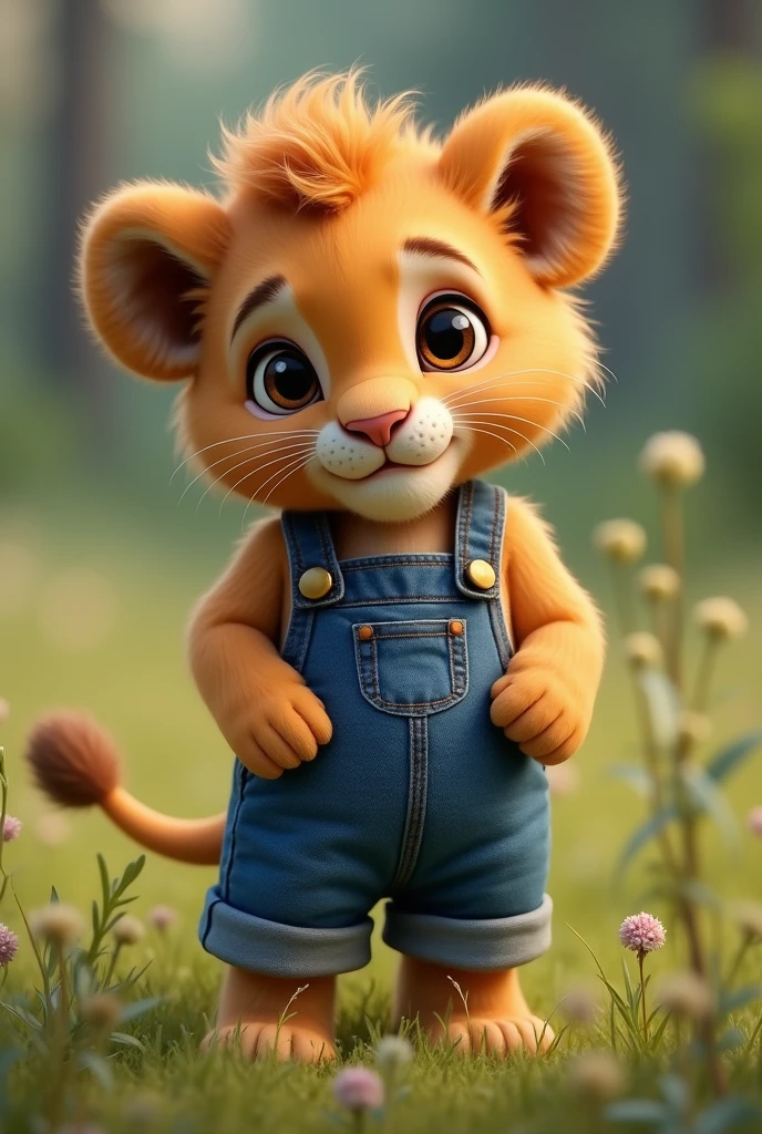Lion cub wearing overalls