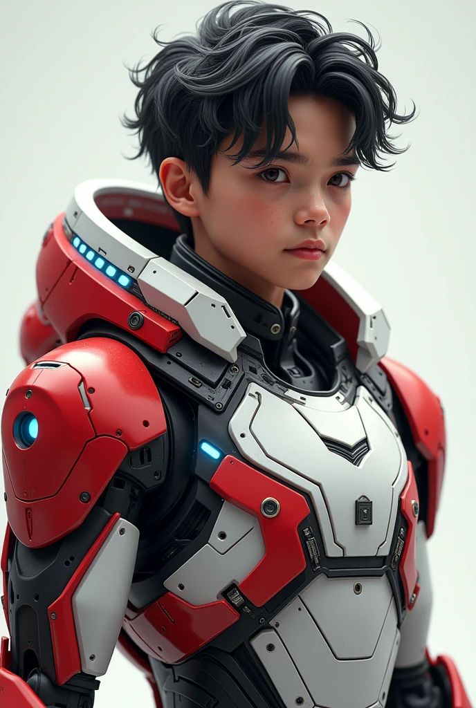 detailed portrait of a young malay indonesian boy, 19 years old. Have body portrait, with wavy black hair and some white highlights, tan skin, wearing a red and white exoskeleton robot suit with a robot face on the body, blue LED lights on the nipple area. Hulkbuster face on body. Talking robot.