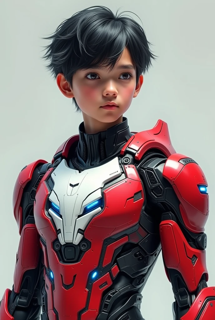 detailed portrait of a young malay indonesian boy, 19 years old. Have body portrait, with wavy black hair and some white highlights, tan skin, wearing a red and white exoskeleton robot suit with a robot face on the body, blue LED lights on the nipple area. Hulkbuster face on body. Talking robot.