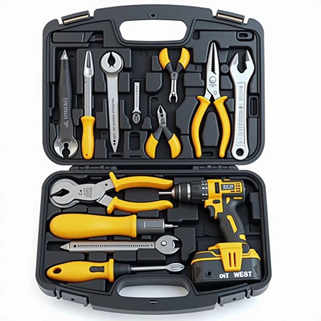 (masterpiece, top quality, best quality, official art,beautiful and aesthetic:1.2),(4k,8k, best quality,masterpiece:1.2),(((white background))), solo,An open black toolbox with various tools inside, such as pliers and a power drill. The structure is clear and accurate, with a modern realistic representation and consistent lighting that looks natural and believable.