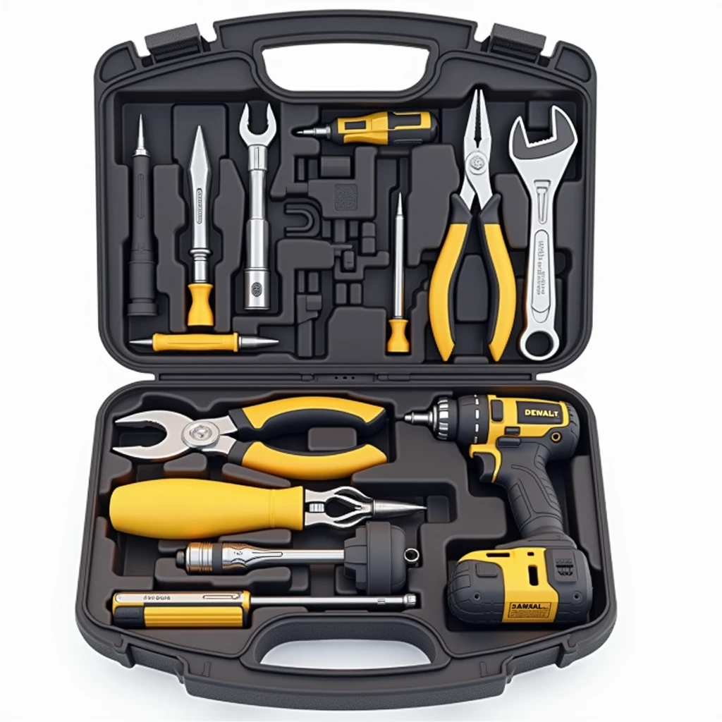 (masterpiece, top quality, best quality, official art,beautiful and aesthetic:1.2),(4k,8k, best quality,masterpiece:1.2),(((white background))), solo,An open black toolbox with various tools inside, such as pliers and a power drill. The structure is clear and accurate, with a modern realistic representation and consistent lighting that looks natural and believable.