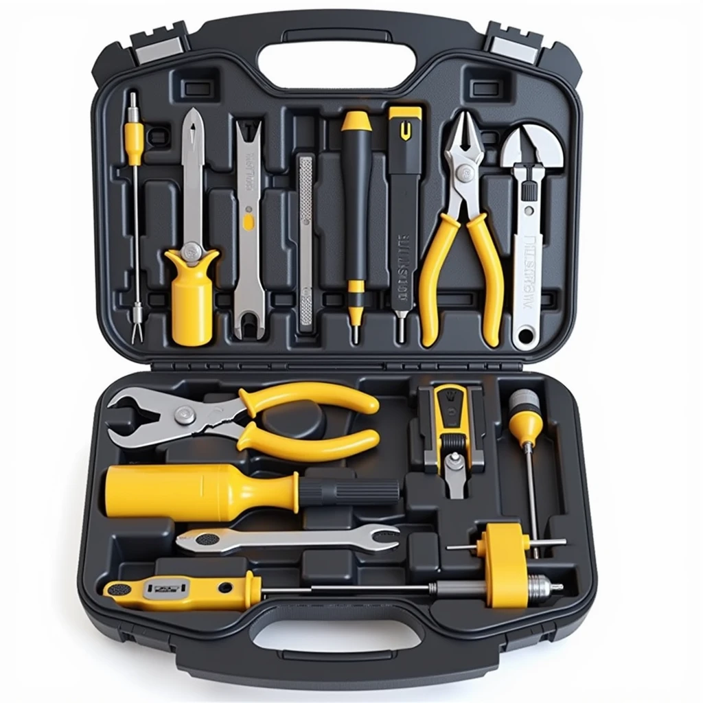 (masterpiece, top quality, best quality, official art,beautiful and aesthetic:1.2),(4k,8k, best quality,masterpiece:1.2),(((white background))), solo,An open black toolbox with various tools inside, such as pliers and a power drill. The structure is clear and accurate, with a modern realistic representation and consistent lighting that looks natural and believable.
