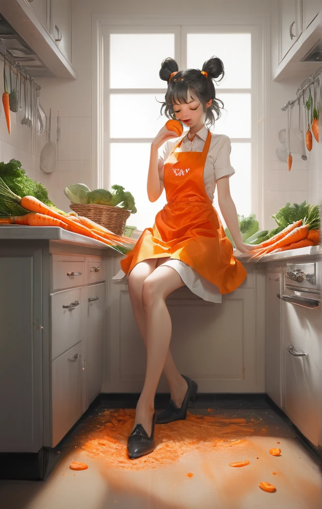 (masterpiece, ultra high quality, anatomical) kitchen, housewife, legs in M   position, orgasm, intense sweating, convulsions, {{love juice}}, cute apron, one-piece dress, low angle, eyes closed, mouth open, hands on carrot, carrot tip to crotch, {{ahegao}}, {{vegetable masturbation}}, {{carrot tip touching crotch}}, {{carrot tip to pussy}}, carrot tip touching crotch, carrot tip digging into crotch, bow-legged, pointed carrot, {{{pressing carrot tip against}}}, carrot tip touching female genita