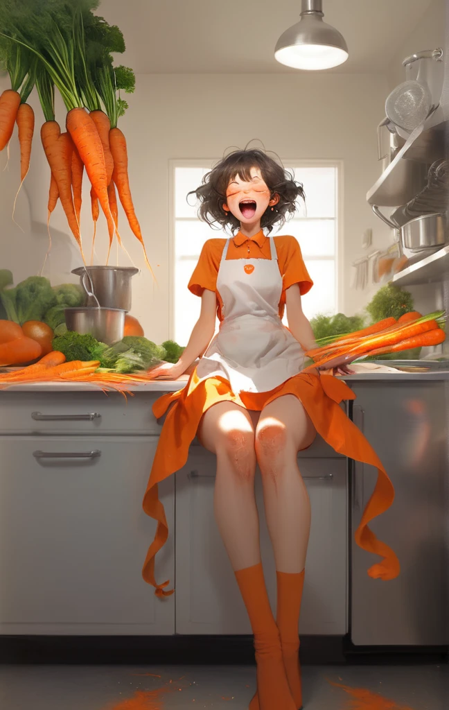 (masterpiece, ultra high quality, anatomical) kitchen, housewife, legs in M position, orgasm, intense sweating, convulsions, {{love juice}}, cute apron, one-piece dress, low angle, eyes closed, mouth open, hands on carrot, carrot tip to crotch, {{ahegao}}, {{vegetable masturbation}}, {{carrot tip touching crotch}}, {{carrot tip to pussy}}, carrot tip touching crotch, carrot tip digging into crotch, bow-legged, pointed carrot, {{{pressing carrot tip against}}}, carrot tip touching female genita