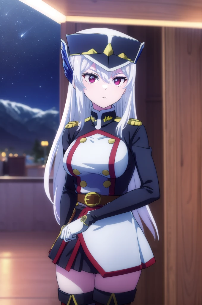 kyoukauzen, kyouka uzen, long hair, (red eyes:1.3), very long hair, white hair,
BREAK thighhighs, gloves, hat, boots, belt, sword, uniform, zettai ryouiki, military, military uniform, thigh boots, shako cap,
BREAK outdoors, space, starry sky, star \(sky\), moon,
BREAK looking at viewer, (cowboy shot:1.5),
BREAK (masterpiece:1.2), best quality, high resolution, unity 8k wallpaper, (illustration:0.8), (beautiful detailed eyes:1.6), extremely detailed face, perfect lighting, extremely detailed CG, (perfect hands, perfect anatomy),