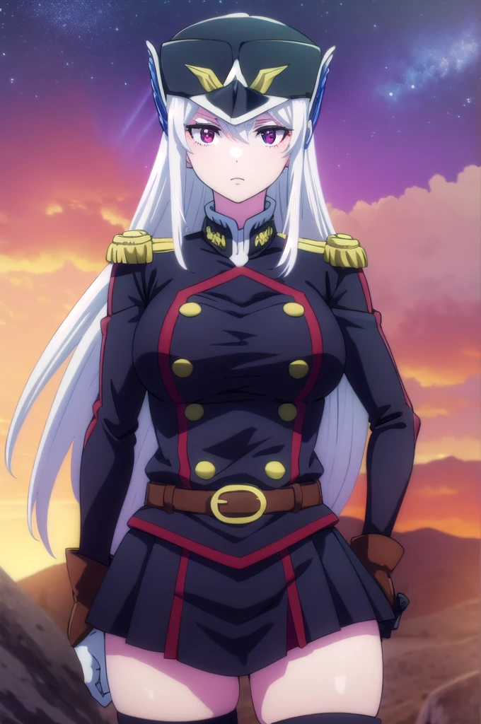 kyoukauzen, kyouka uzen, long hair, (red eyes:1.3), very long hair, white hair,
BREAK thighhighs, gloves, hat, boots, belt, sword, uniform, zettai ryouiki, military, military uniform, thigh boots, shako cap,
BREAK outdoors, space, starry sky, star \(sky\), moon,
BREAK looking at viewer, (cowboy shot:1.5),
BREAK (masterpiece:1.2), best quality, high resolution, unity 8k wallpaper, (illustration:0.8), (beautiful detailed eyes:1.6), extremely detailed face, perfect lighting, extremely detailed CG, (perfect hands, perfect anatomy),